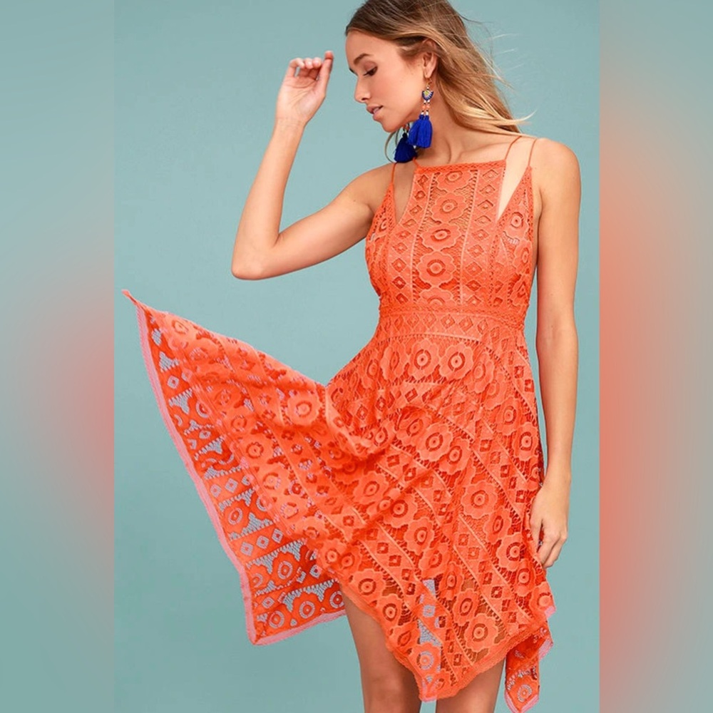 🧡 Free People Just Like Honey Coral Orange Lace Dress